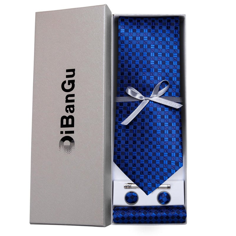DiBanGu Plaid Ties for Men Silk Checkered Necktie and Pocket Square Cufflinks Tie Clip Set with Gift Box for Wedding Business, Royal Blue - Image 4